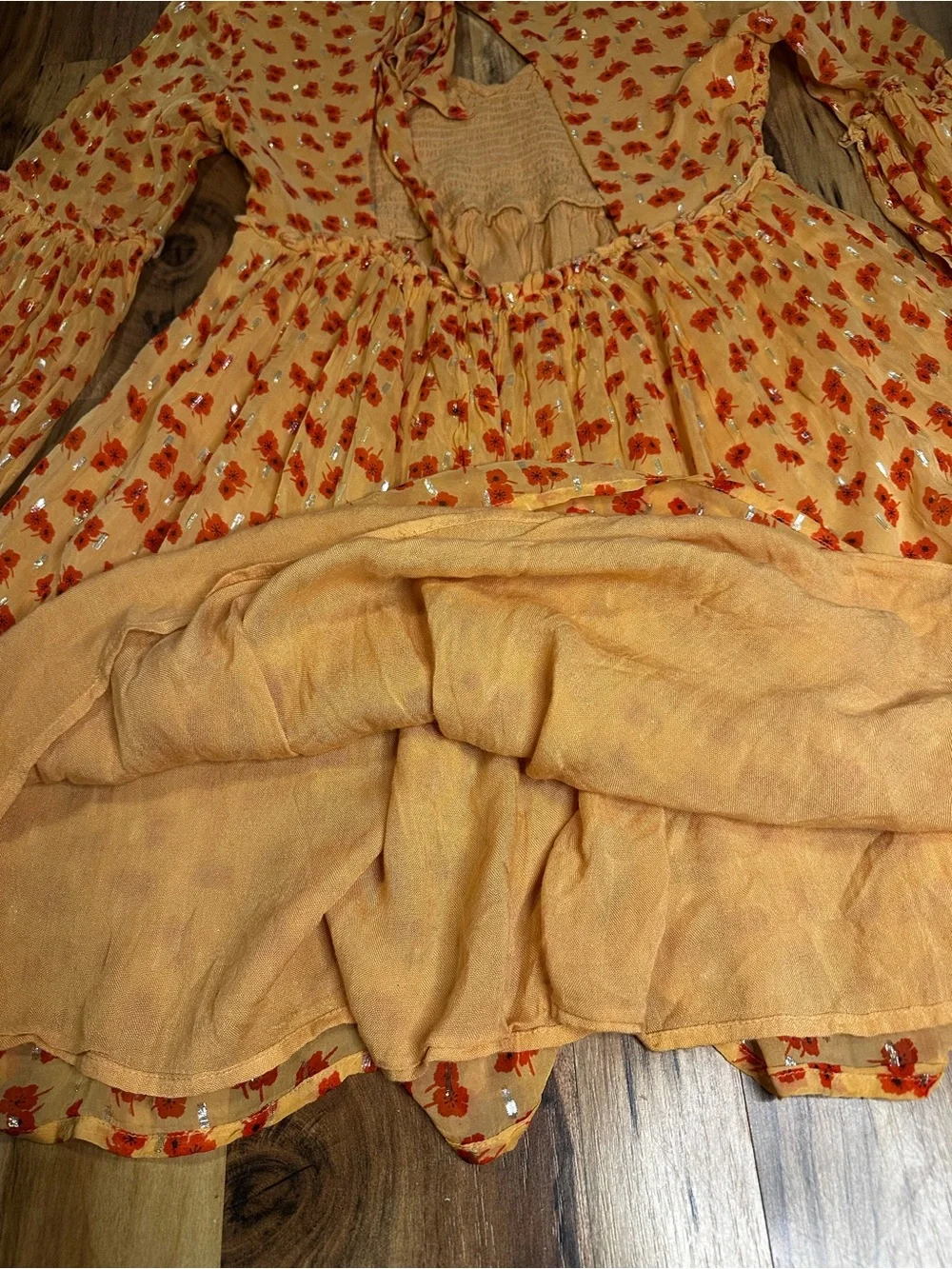 Free People M Golden Orange Floral Mini Dress Smocked Metallic Long Sleeve Boho